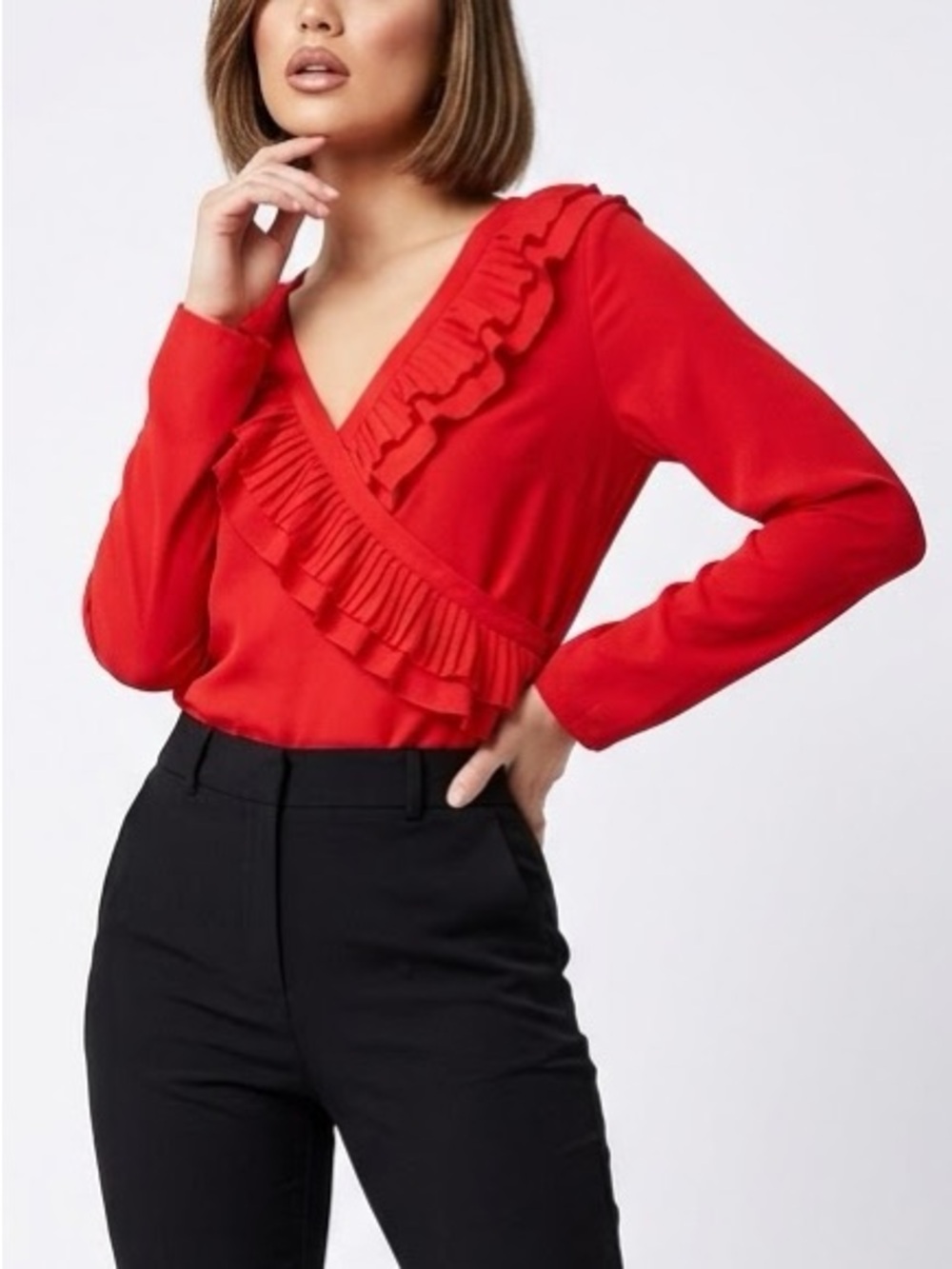 Boohoo Red Ruffle V-Neck Long Sleeve Top Size 6